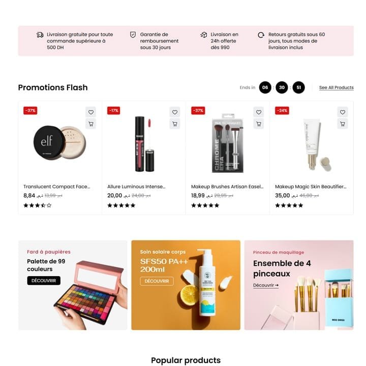 Section promotions flash et produits de maquillage sur le site LuxButy