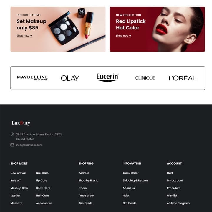 Logos de marques partenaires et pied de page du site e-commerce LuxButy