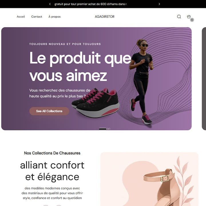 Page d'accueil du site e-commerce AgadirStor, boutique de chaussures