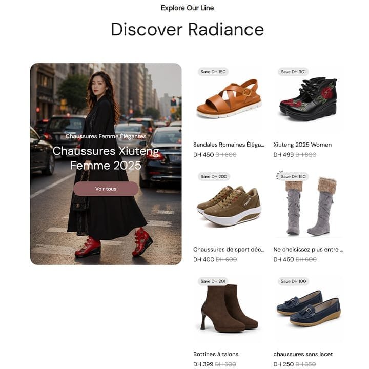 Section vitrine chaussures femme du site e-commerce AgadirStor