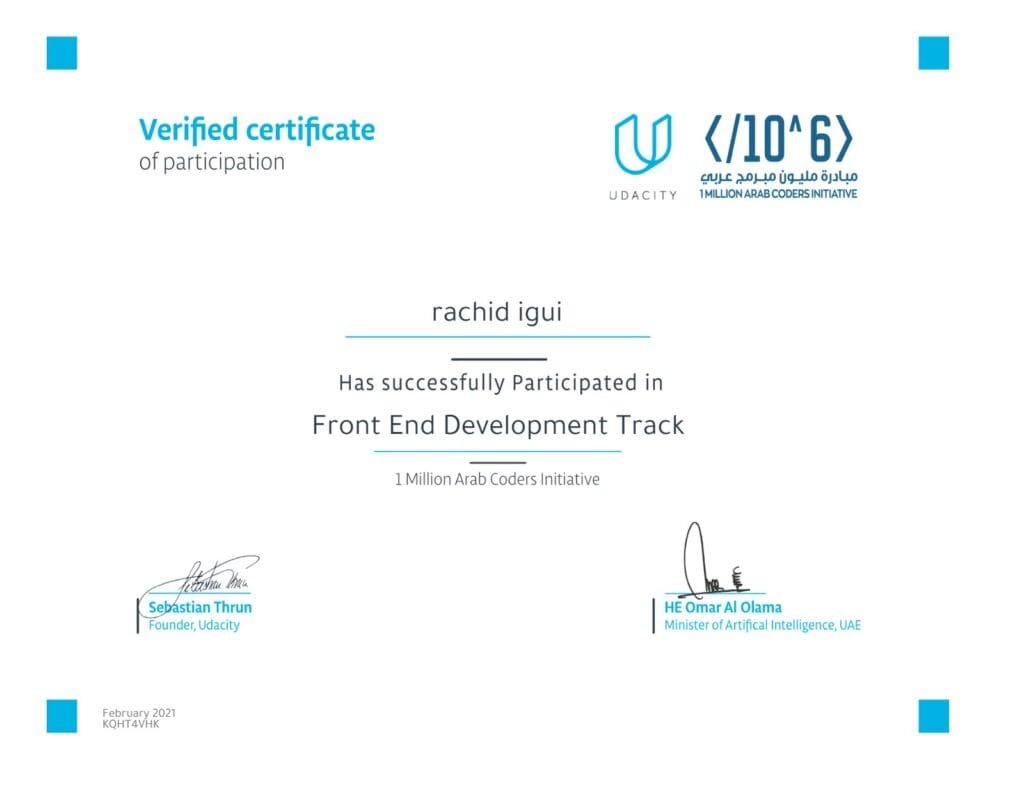 Certificat de participation Udacity : Front End Development Track, 1 Million Arab Coders Initiative, février 2021